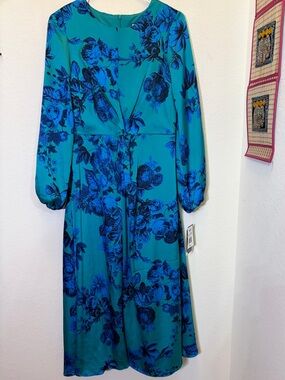 Maison Tara Teal Dress with Royal Blue Floral Print - Long Sleeve Midi